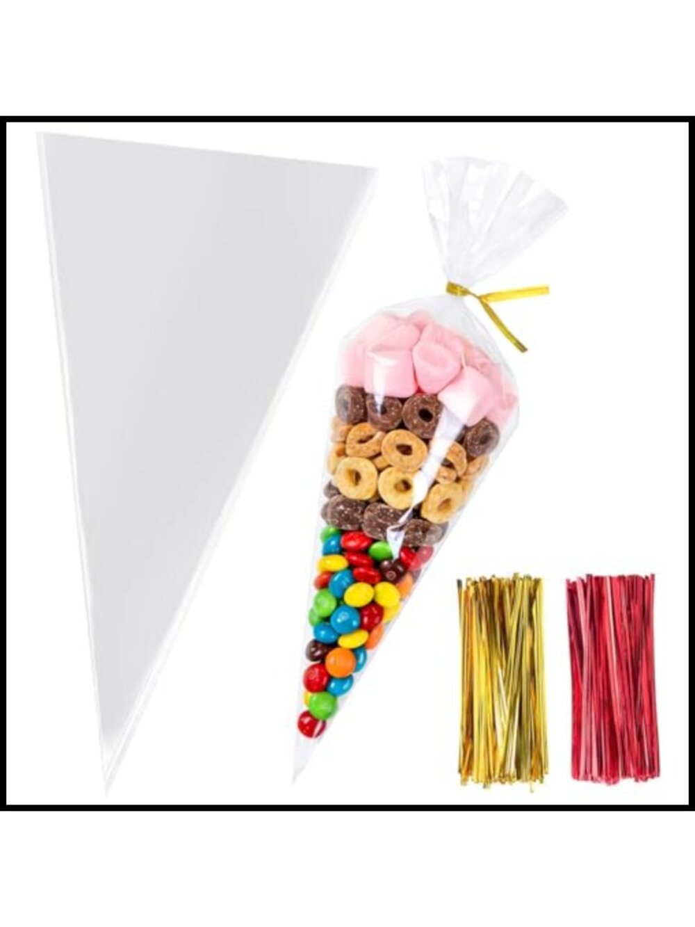 Cone Shaped Treat Bags 6.3x11.8 Inch 200Pcs with Twist Ties